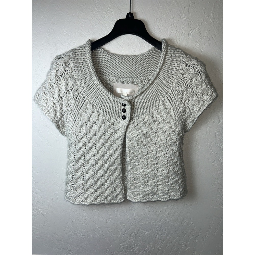 Kaisely Womens Knit Cardigan Sweater Large Beige Wool Alpaca Blend Cap Sleeve